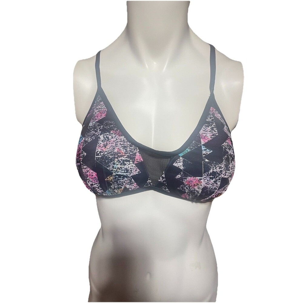 Hula Honey Strappy Swimsuit Bikini Top Black Pink Geometric Mesh